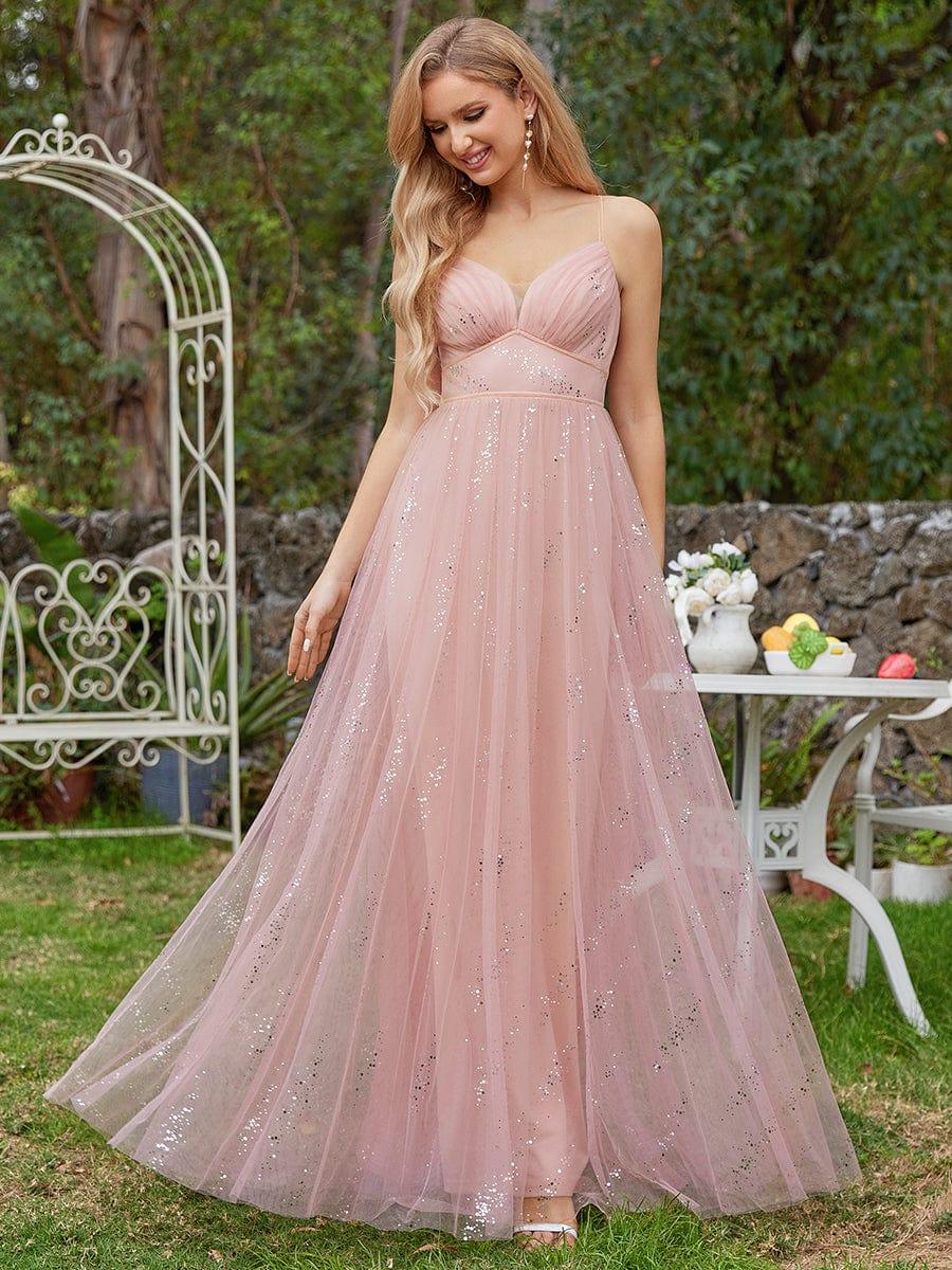 Robe de demoiselle d'honneur en tulle sans manches taille empire étincelante avec col en V #Couleur_Rose