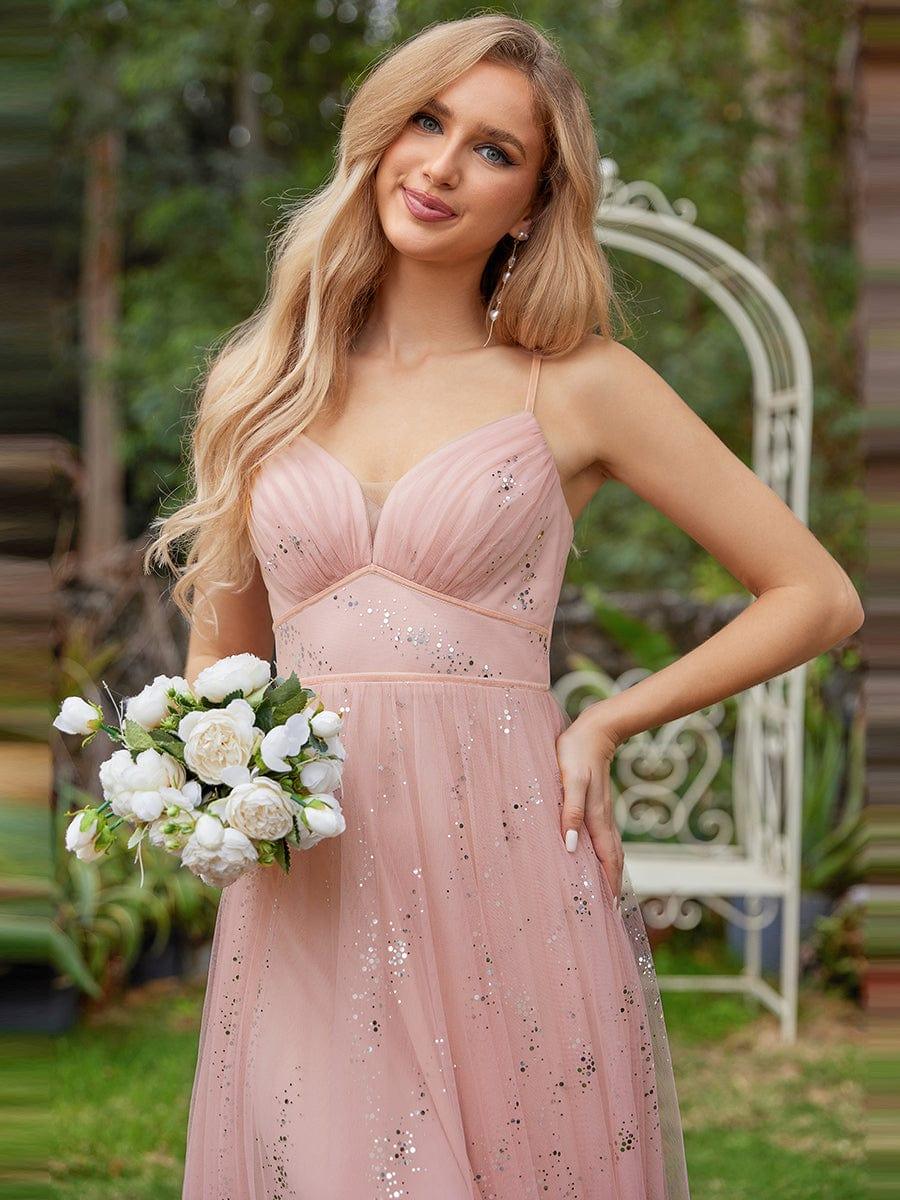 Robe de demoiselle d'honneur en tulle sans manches taille empire étincelante avec col en V #Couleur_Rose