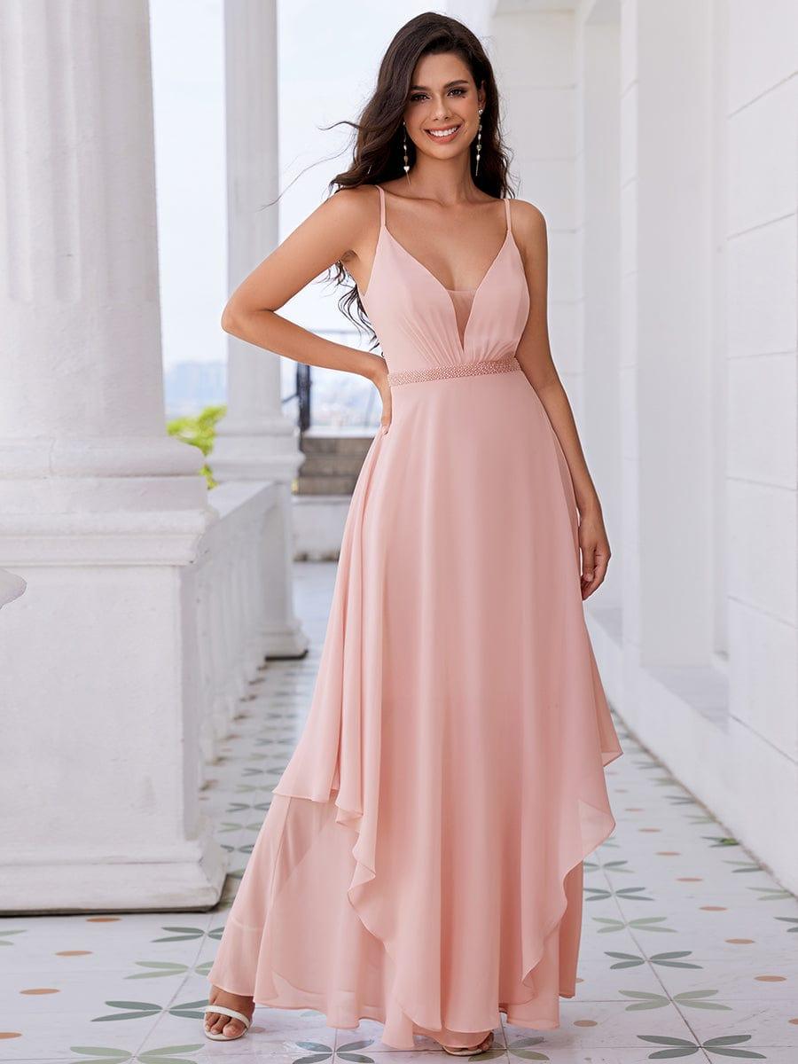 Robe de demoiselle d'honneur en mousseline de soie sans manches à volants à la taille et à col en V ornée de perles #Couleur_Rose