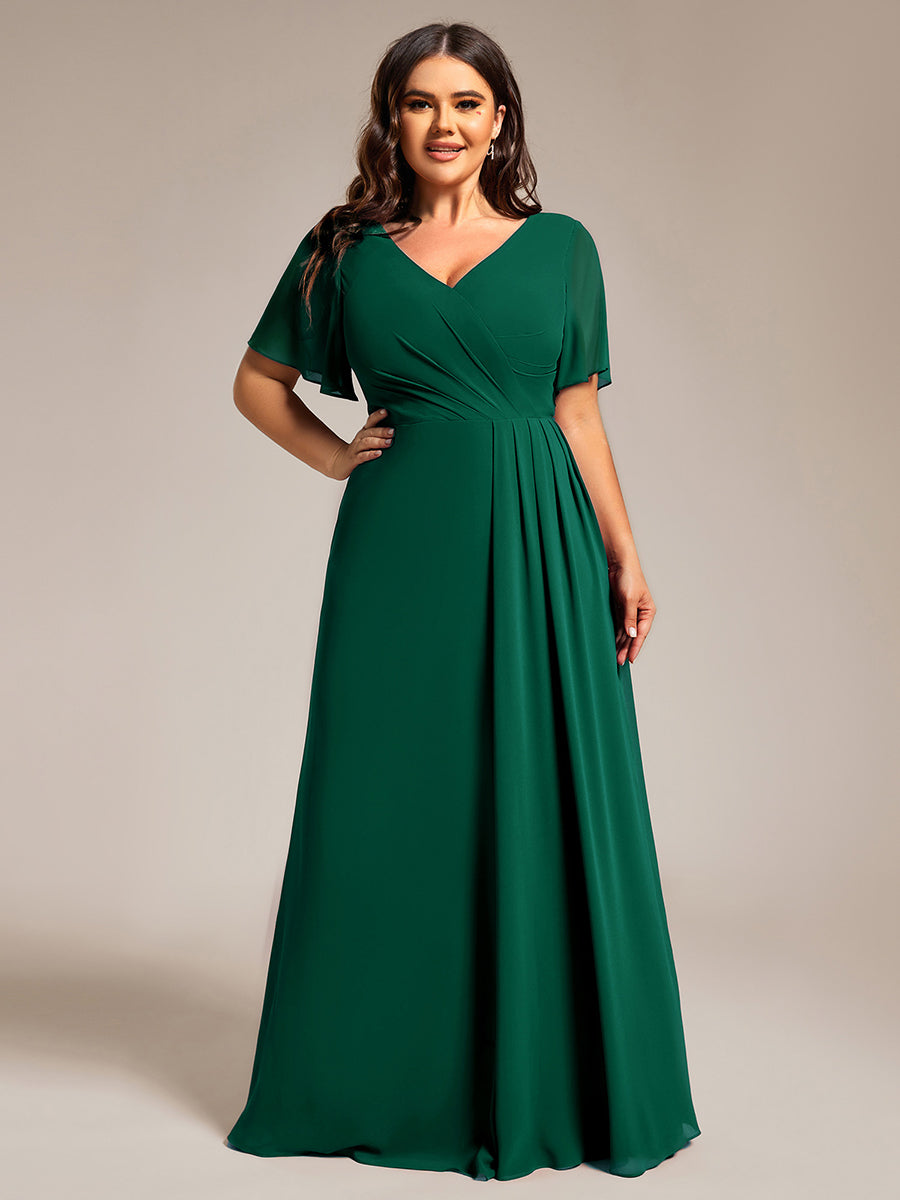 Robe de demoiselle d'honneur taille haute en mousseline de soie col en V fente haute manches à volants #Couleur_Vert Fonce