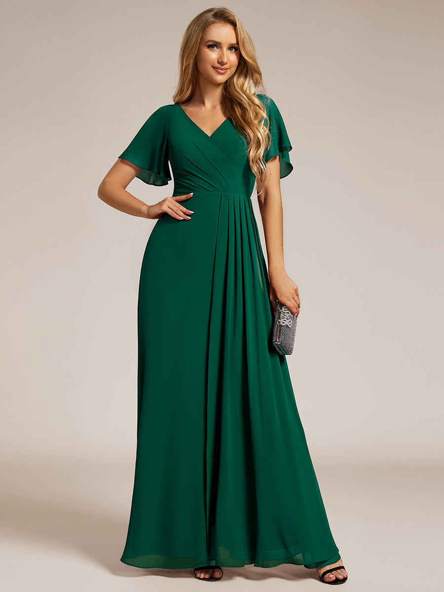 Robe de demoiselle d'honneur taille haute en mousseline de soie col en V fente haute manches à volants #Couleur_Vert Fonce