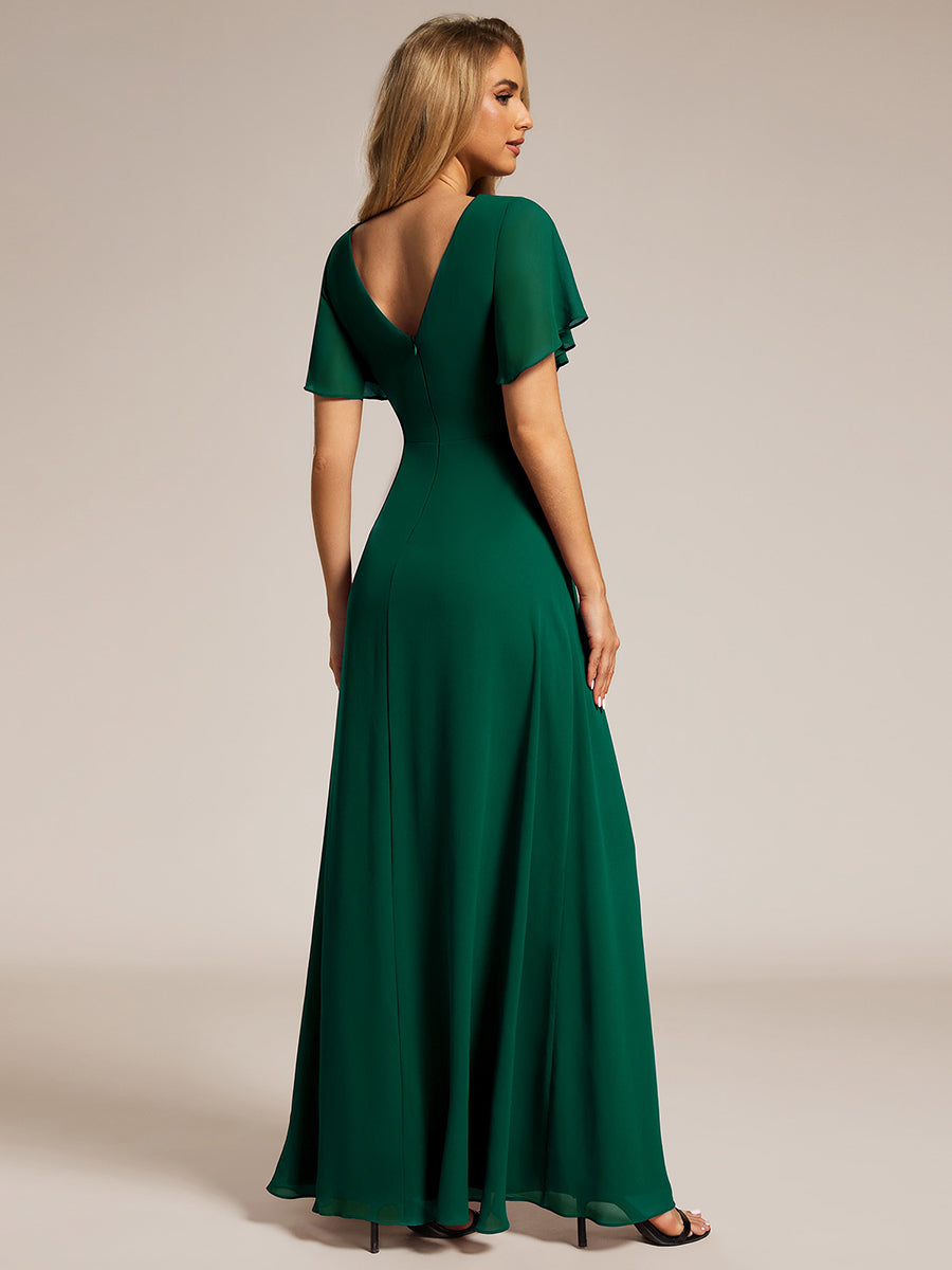 Robe de demoiselle d'honneur taille haute en mousseline de soie col en V fente haute manches à volants #Couleur_Vert Fonce