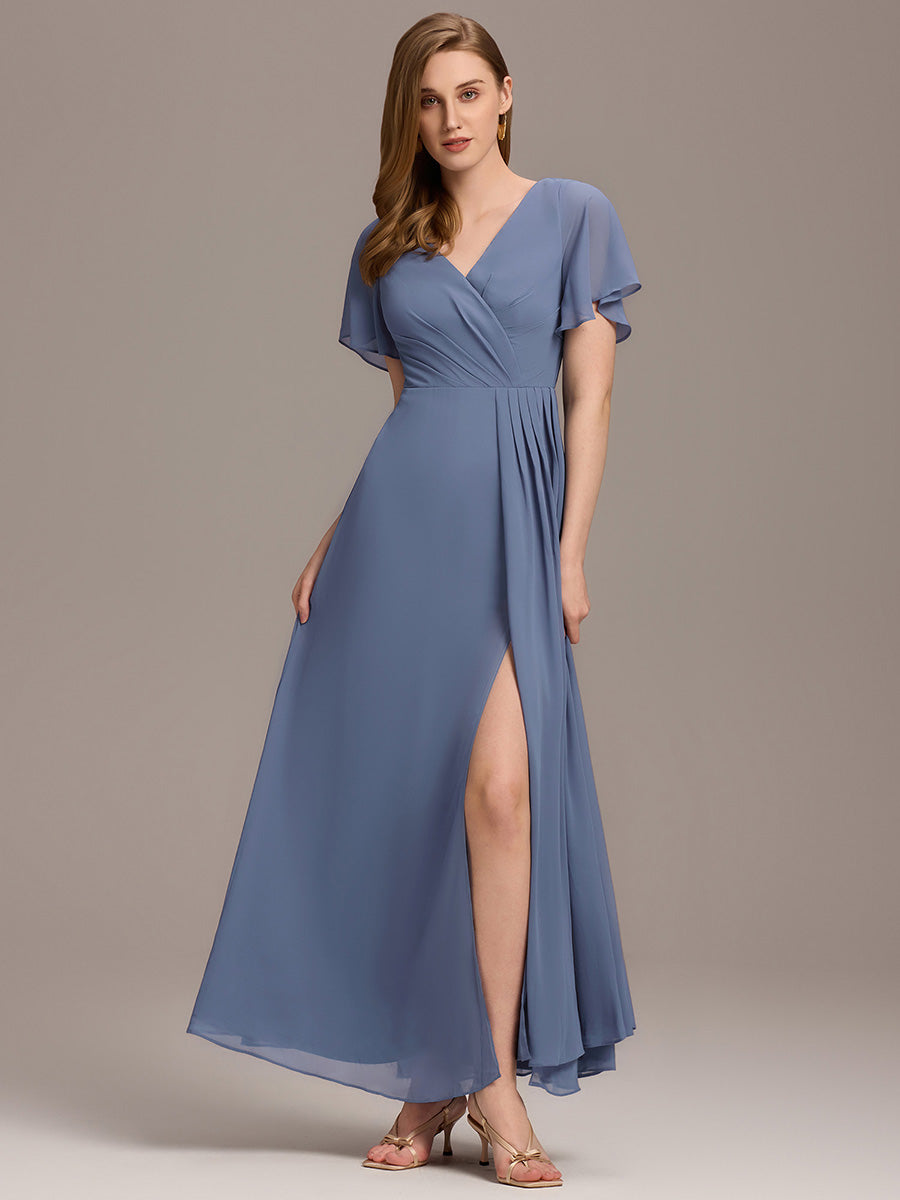 Robe de demoiselle d'honneur taille haute en mousseline de soie col en V fente haute manches à volants #Couleur_Marine Fume