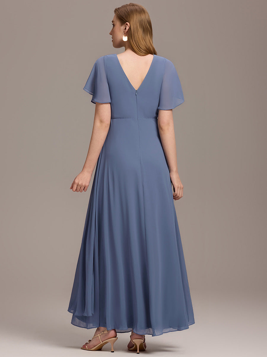 Robe de demoiselle d'honneur taille haute en mousseline de soie col en V fente haute manches à volants #Couleur_Marine Fume