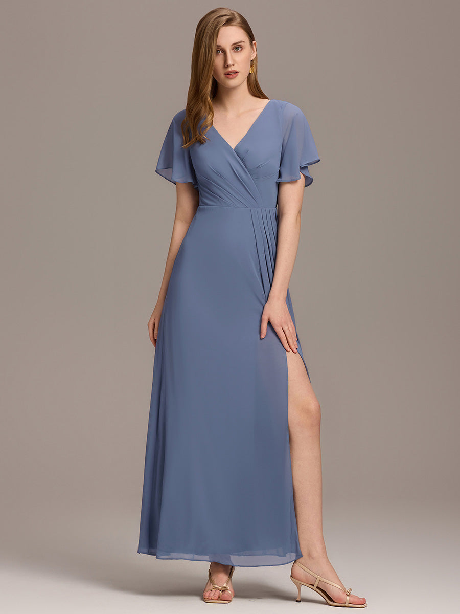 Robe de demoiselle d'honneur taille haute en mousseline de soie col en V fente haute manches à volants #Couleur_Marine Fume