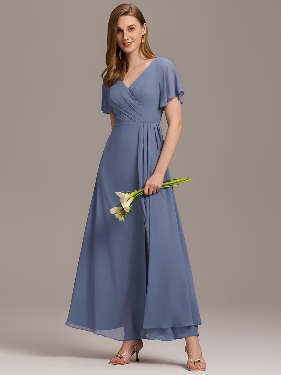 Robe de demoiselle d'honneur taille haute en mousseline de soie col en V fente haute manches à volants #Couleur_Marine Fume