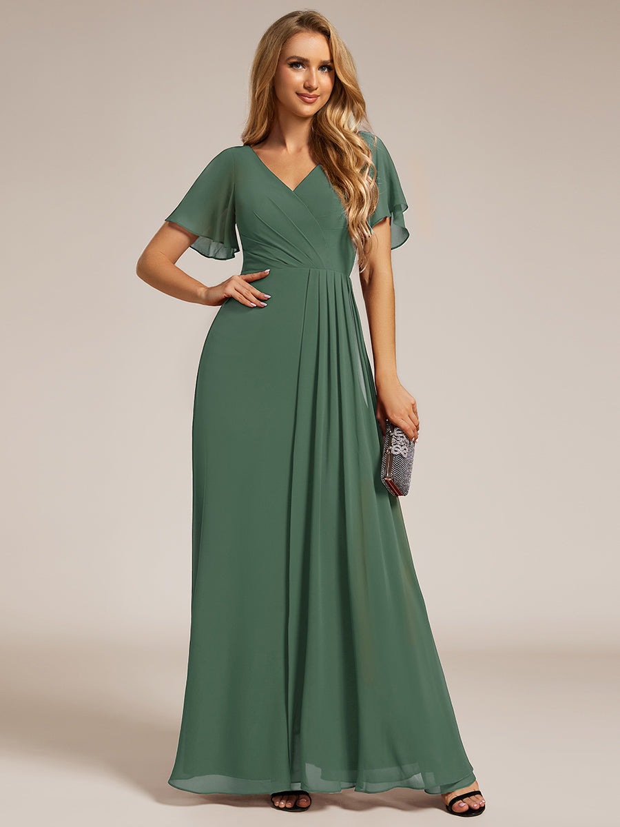 Robe D'invité De Mariage En Mousseline De Soie Mi-Longue Plissée à Manches à Volants Et Col En V  #Couleur_Eucalyptus