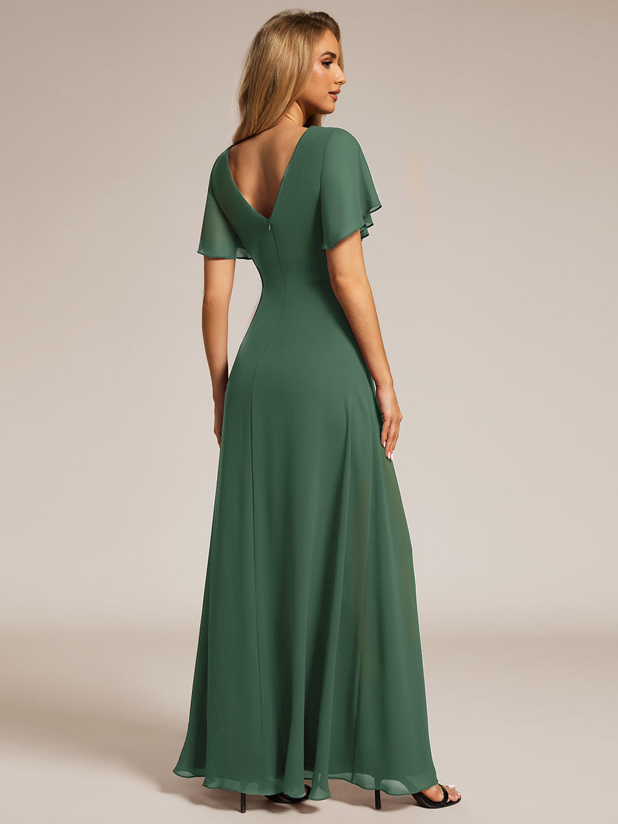 Robe D'invité De Mariage En Mousseline De Soie Mi-Longue Plissée à Manches à Volants Et Col En V  #Couleur_Eucalyptus