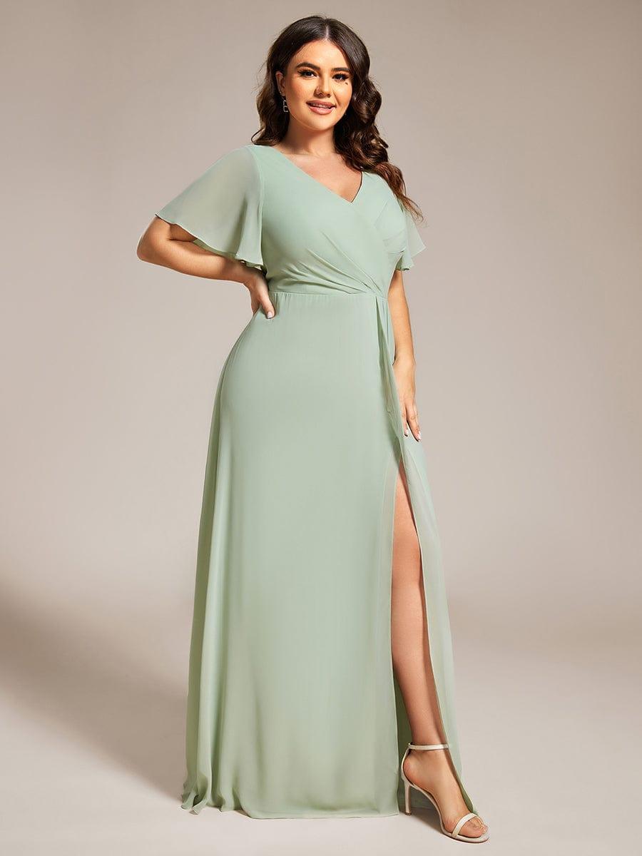 Robe de demoiselle d'honneur taille haute en mousseline de soie col en V fente haute manches à volants #Couleur_Menthe Verte