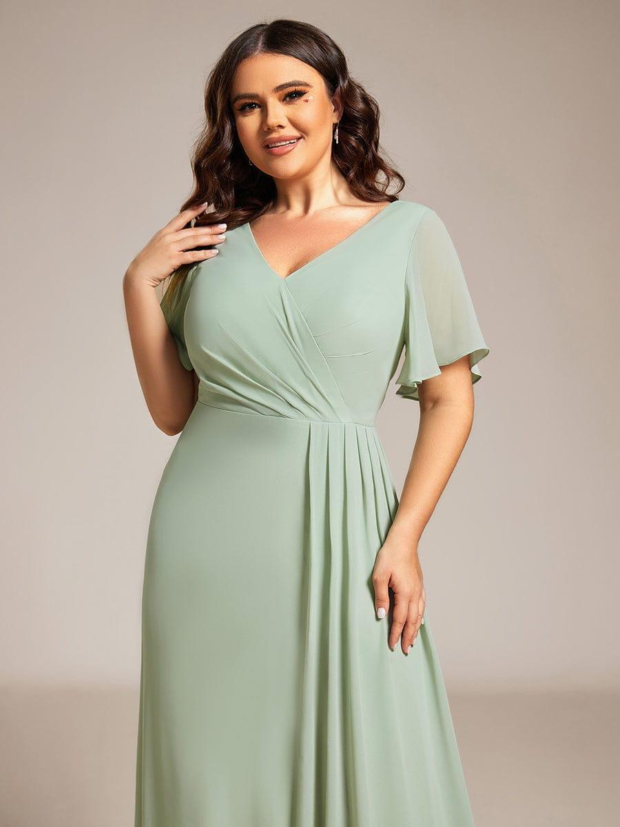 Robe de demoiselle d'honneur taille haute en mousseline de soie col en V fente haute manches à volants #Couleur_Menthe Verte