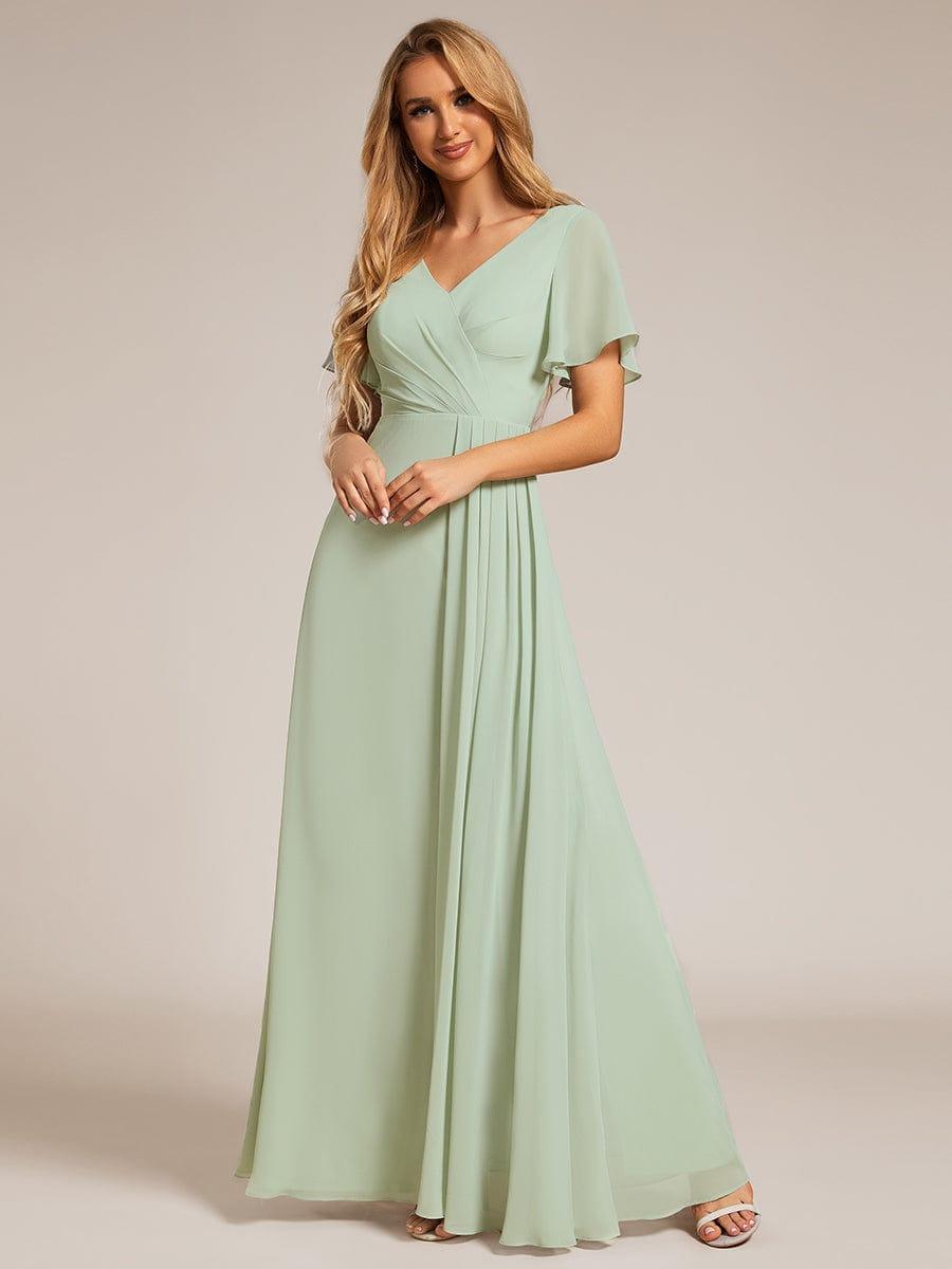 Robe de demoiselle d'honneur taille haute en mousseline de soie col en V fente haute manches à volants #Couleur_Menthe Verte