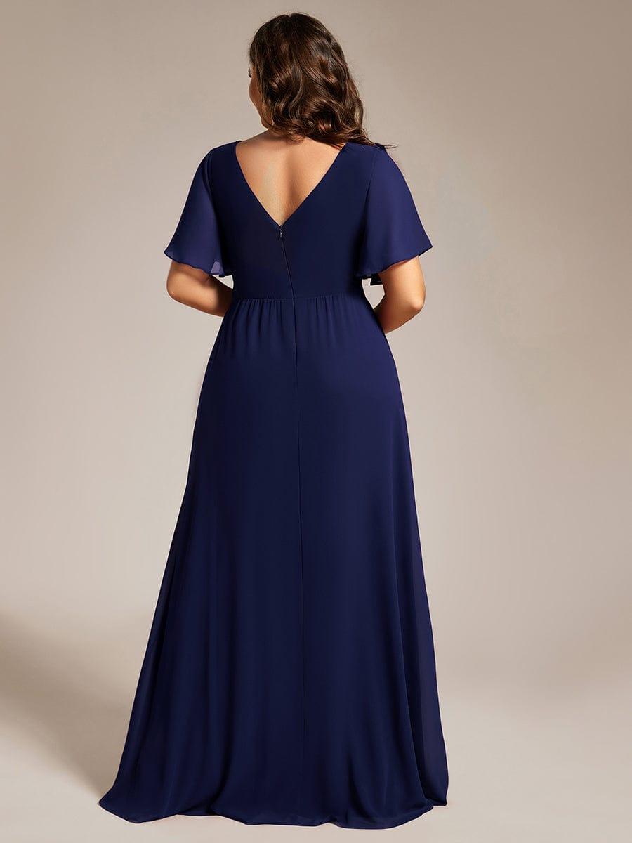 Robe de demoiselle d'honneur taille haute en mousseline de soie col en V fente haute manches à volants #Couleur_Bleu Marine