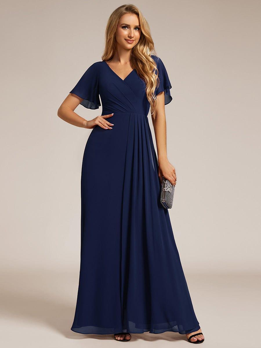 Robe de demoiselle d'honneur taille haute en mousseline de soie col en V fente haute manches à volants #Couleur_Bleu Marine