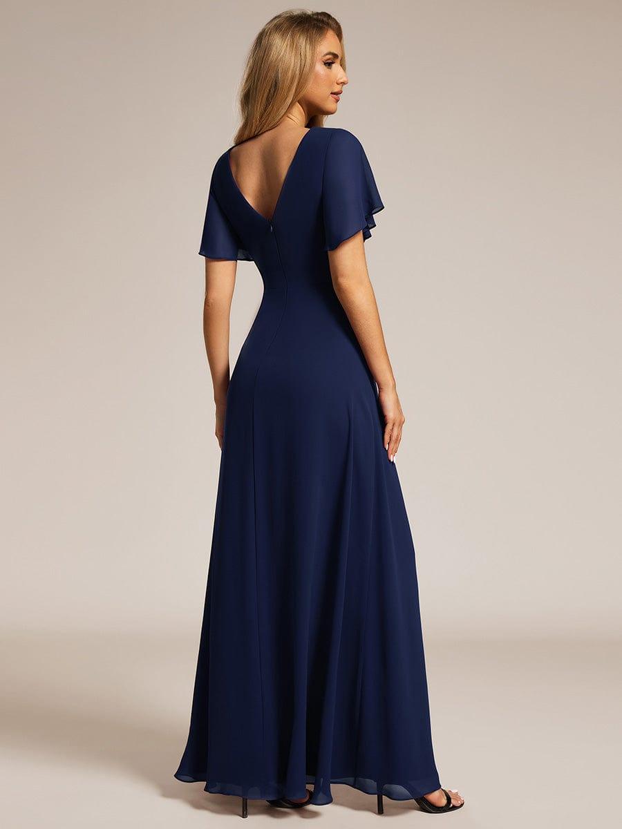 Robe de demoiselle d'honneur taille haute en mousseline de soie col en V fente haute manches à volants #Couleur_Bleu Marine