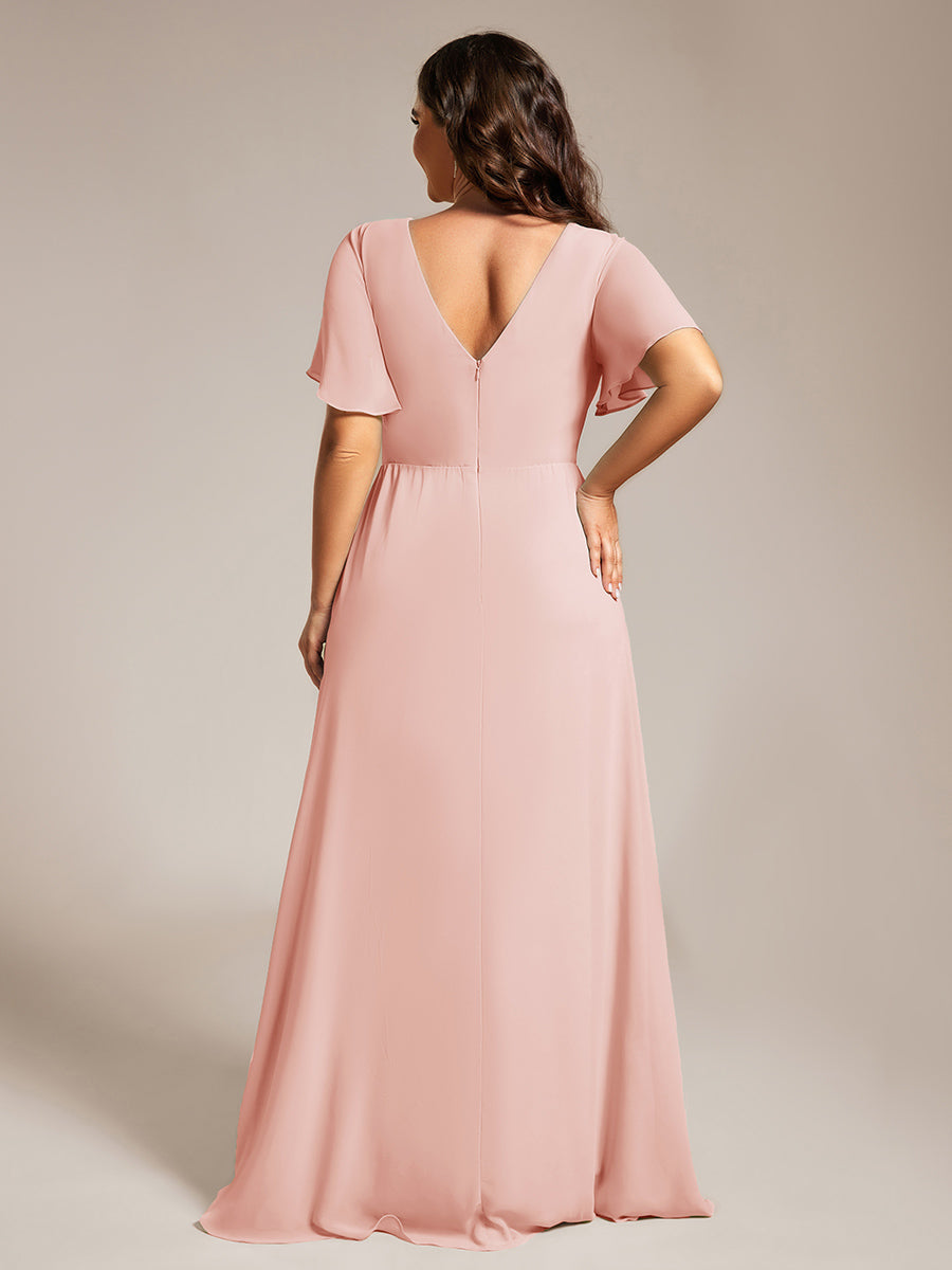 Robe de demoiselle d'honneur taille haute en mousseline de soie col en V fente haute manches à volants #Couleur_Rose