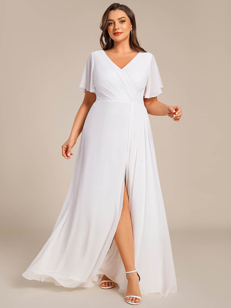 Robe de demoiselle d'honneur taille haute en mousseline de soie col en V fente haute manches à volants #Couleur_Blanc