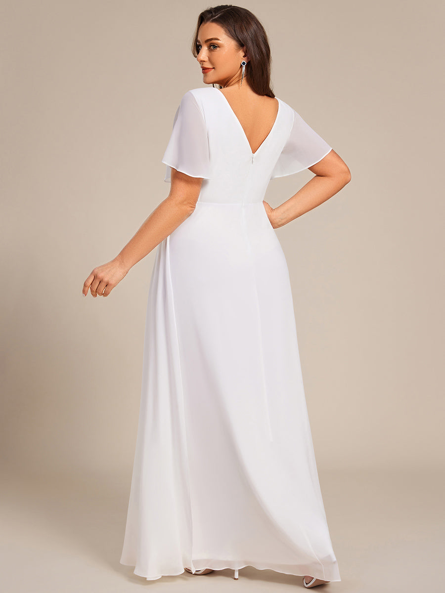 Robe de demoiselle d'honneur taille haute en mousseline de soie col en V fente haute manches à volants #Couleur_Blanc