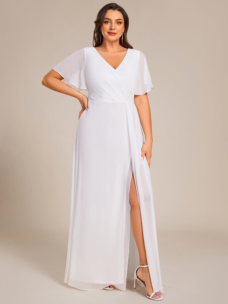 Robe de demoiselle d'honneur taille haute en mousseline de soie col en V fente haute manches à volants #Couleur_Blanc