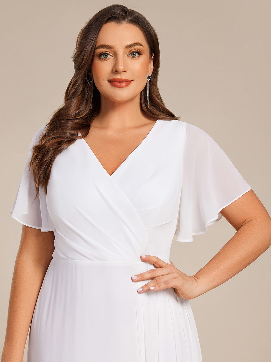 Robe de demoiselle d'honneur taille haute en mousseline de soie col en V fente haute manches à volants #Couleur_Blanc