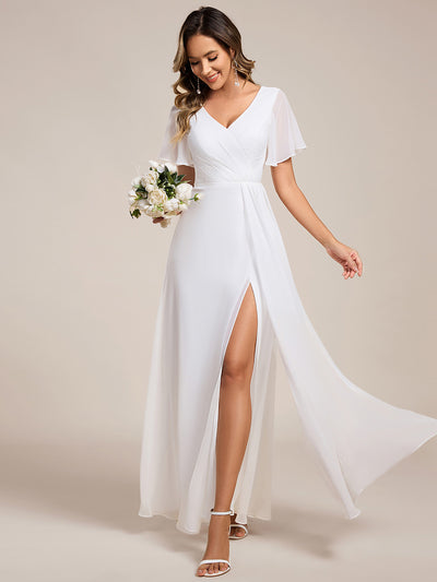 ever LINDEN|Robe de demoiselle d'honneur taille haute en mousseline de soie col en V fente haute manches à volants