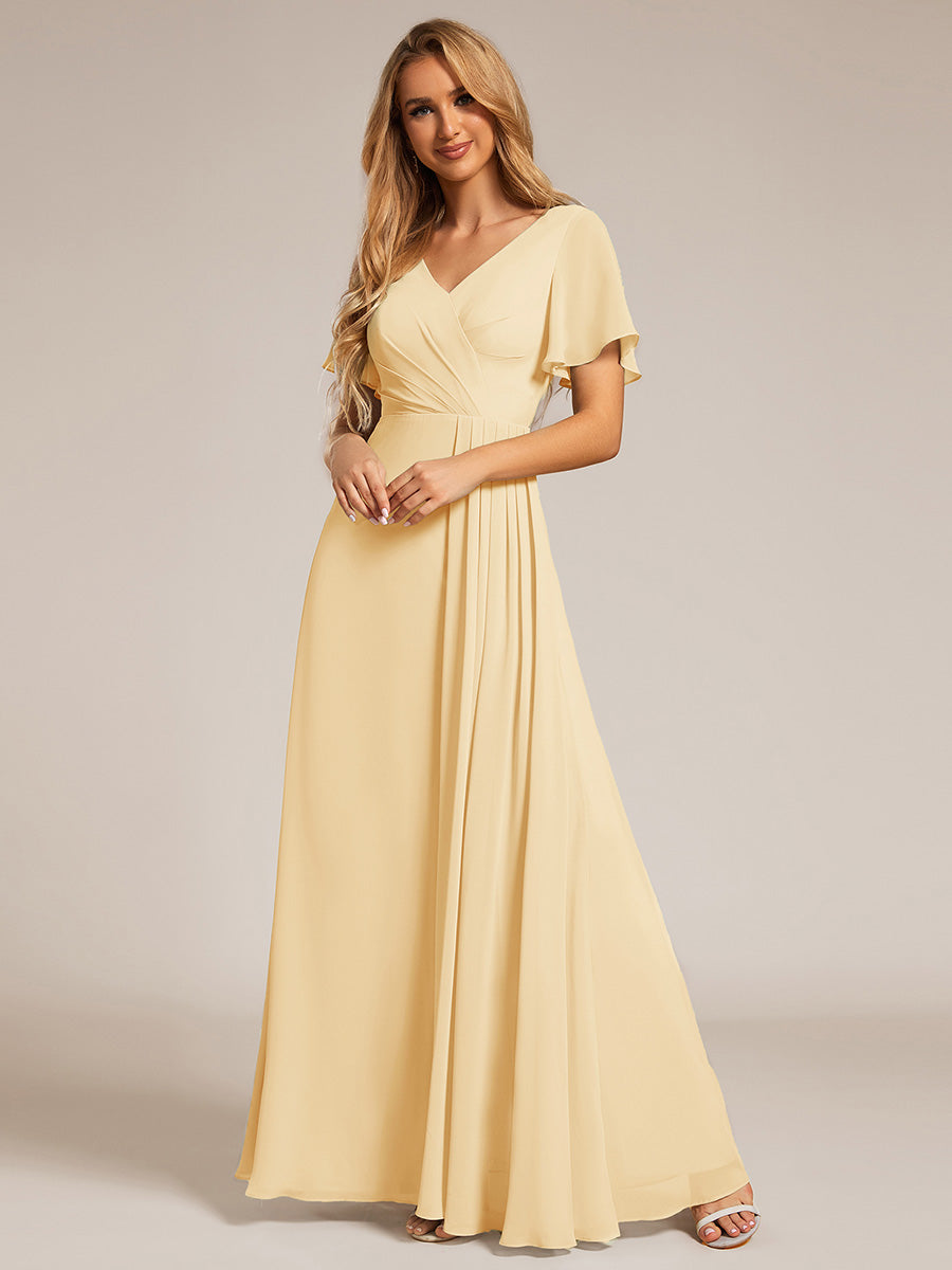 Robe de demoiselle d'honneur taille haute en mousseline de soie col en V fente haute manches à volants #Couleur_Jaune