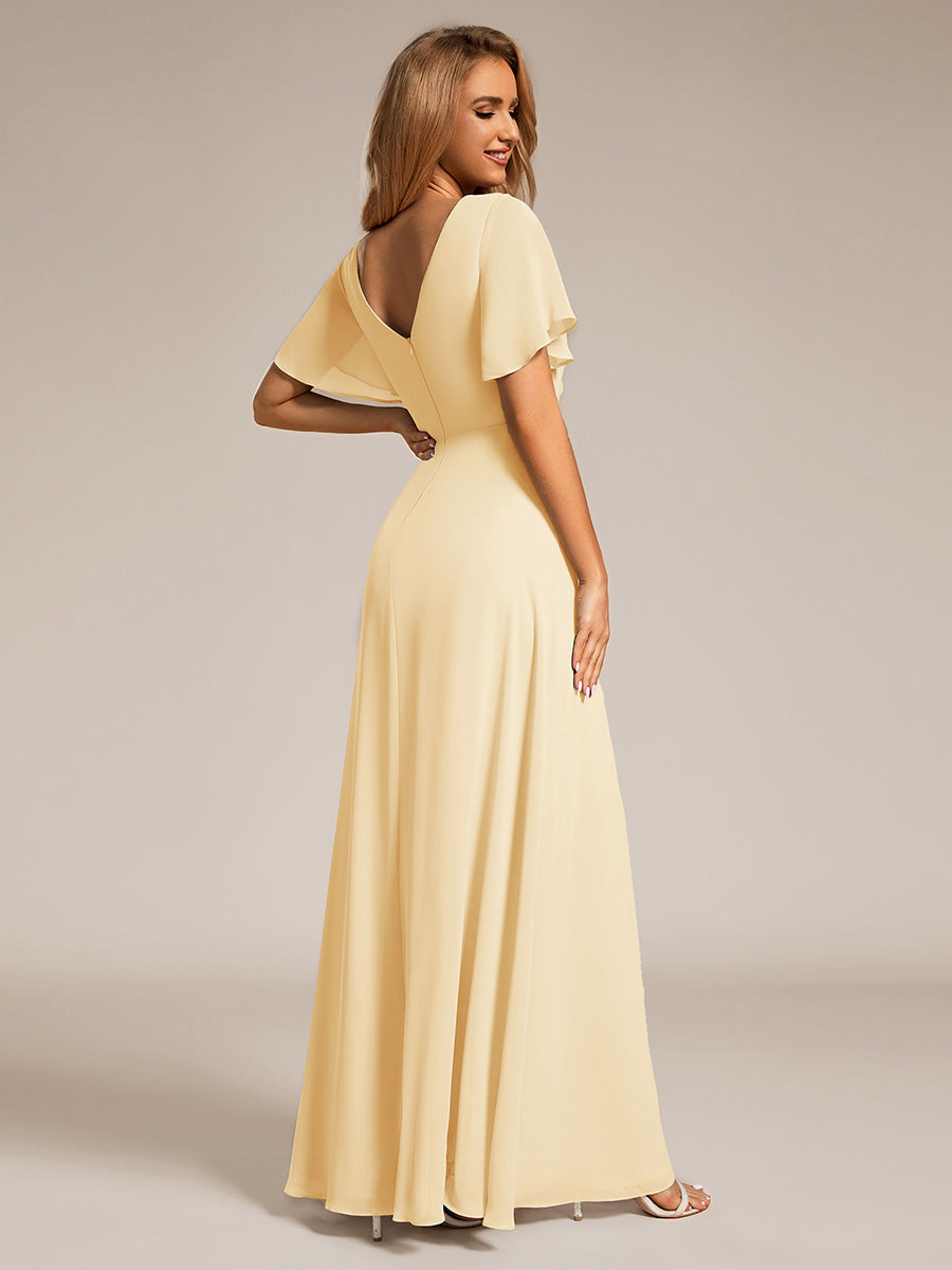 Robe de demoiselle d'honneur taille haute en mousseline de soie col en V fente haute manches à volants #Couleur_Jaune