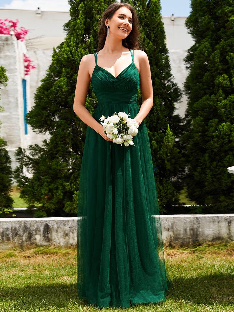 Robe de demoiselle d'honneur en tulle plissée sans manches à col en V et bretelles croisées au dos en dentelle #Couleur_Vert Fonce