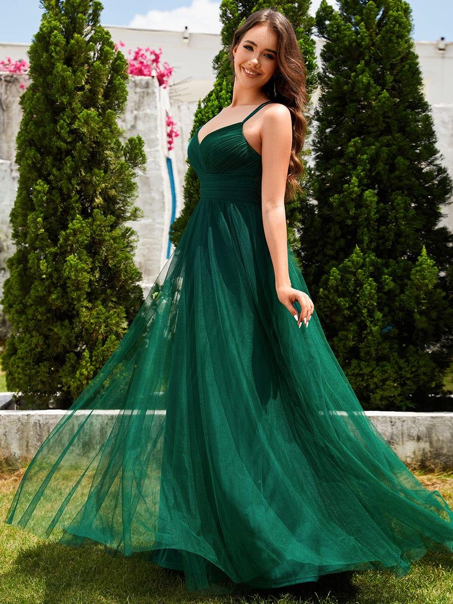 Robe de demoiselle d'honneur en tulle plissée sans manches à col en V et bretelles croisées au dos en dentelle #Couleur_Vert Fonce
