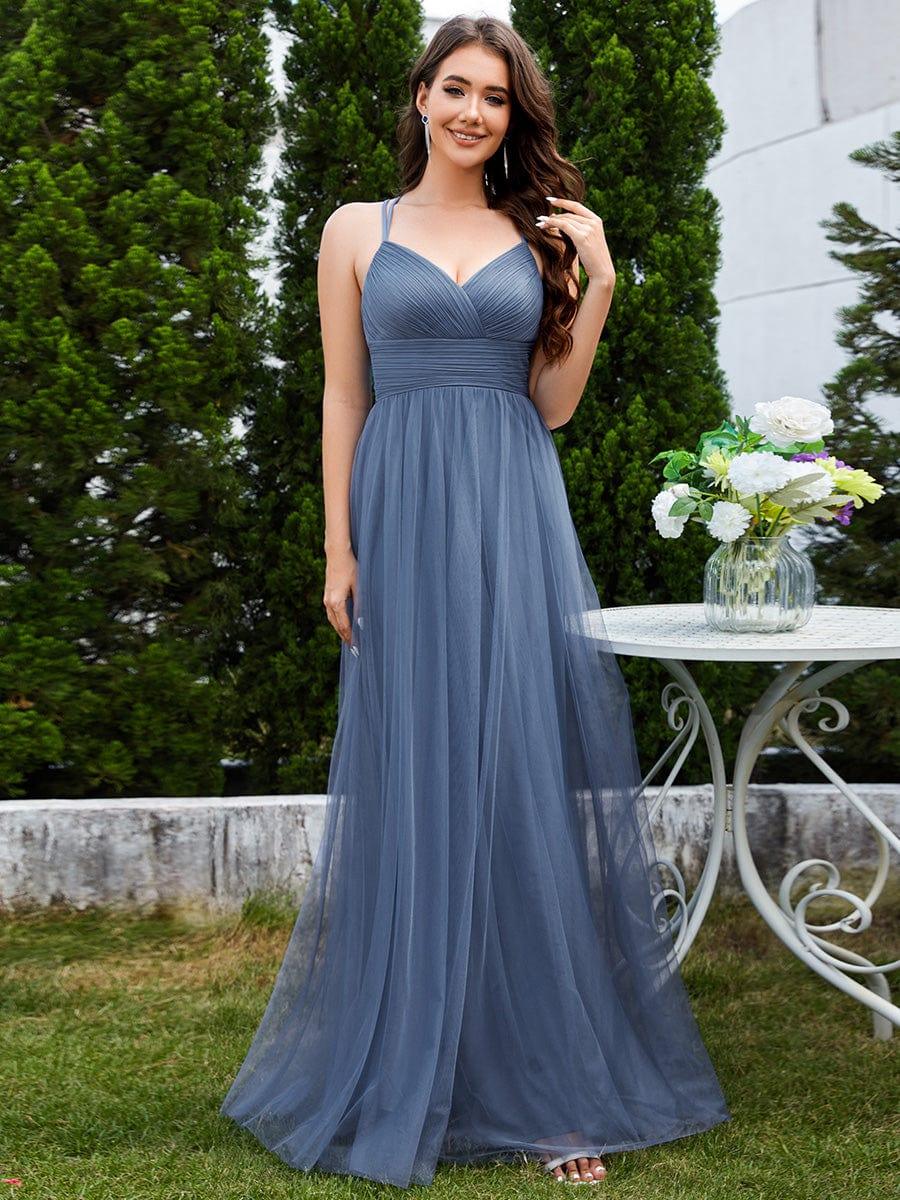 Robe de demoiselle d'honneur en tulle plissée sans manches à col en V et bretelles croisées au dos en dentelle #Couleur_Marine Fume