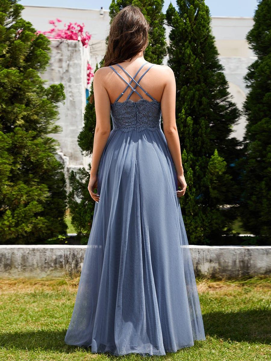 Robe de demoiselle d'honneur en tulle plissée sans manches à col en V et bretelles croisées au dos en dentelle #Couleur_Marine Fume