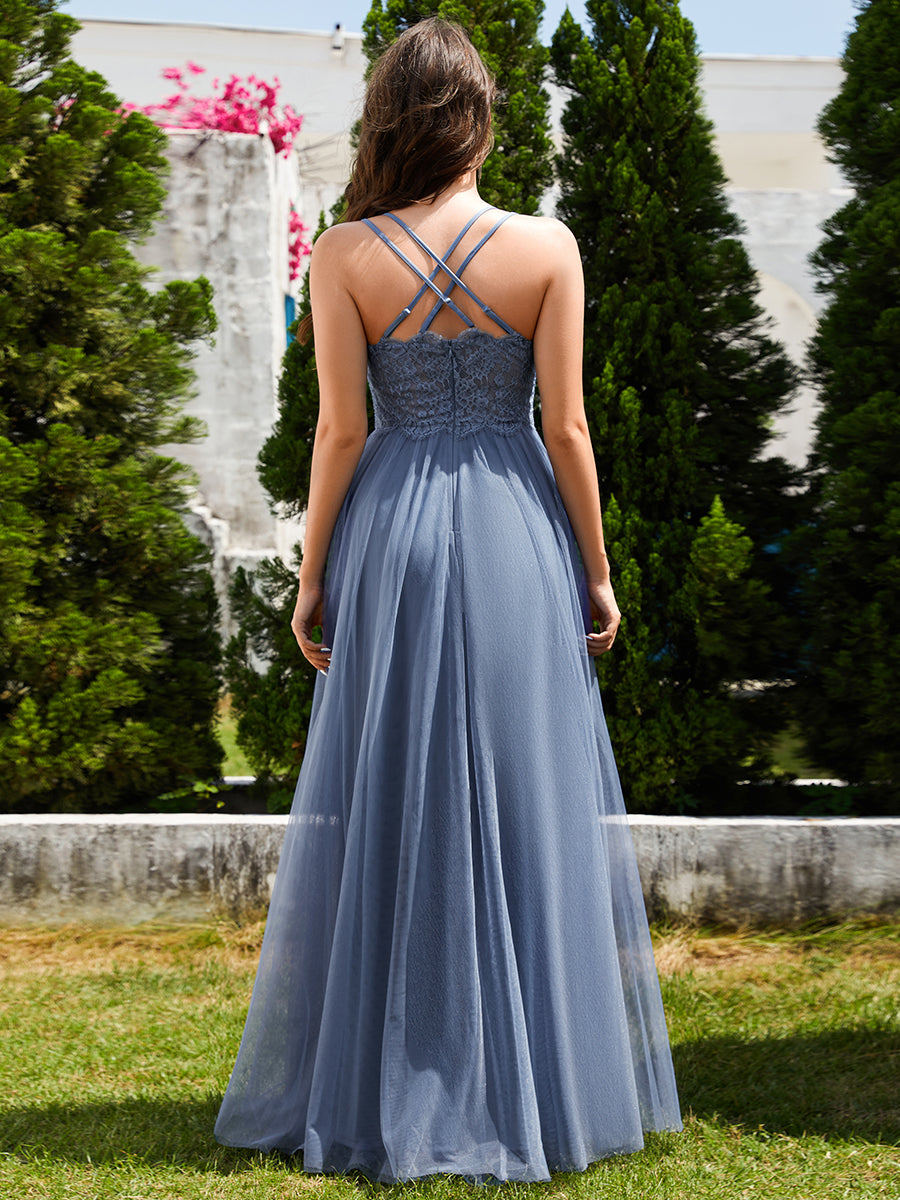 robe longue sans manches à décolleté en V profond avec plissé et finition en dentelle à frange Robe de demoiselle d'honneur #Couleur_Marine Fume