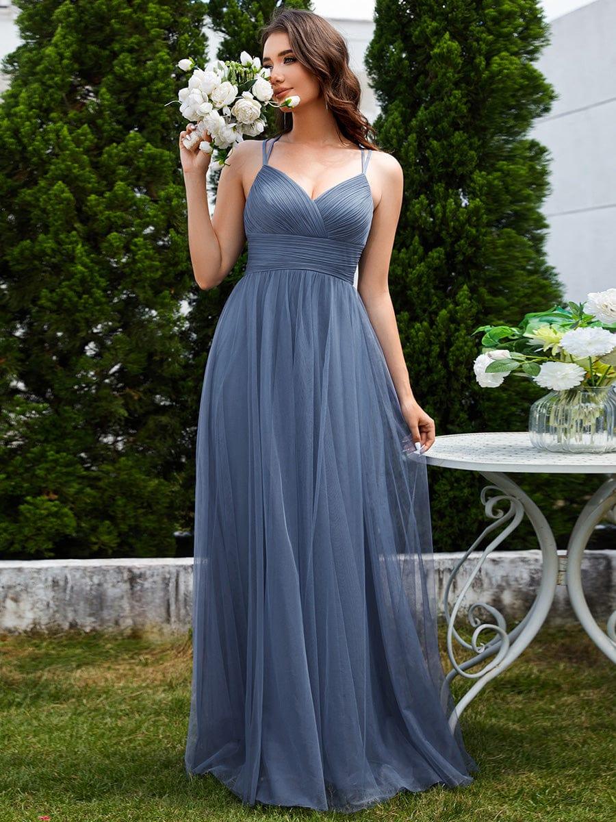 Robe de demoiselle d'honneur en tulle plissée sans manches à col en V et bretelles croisées au dos en dentelle #Couleur_Marine Fume