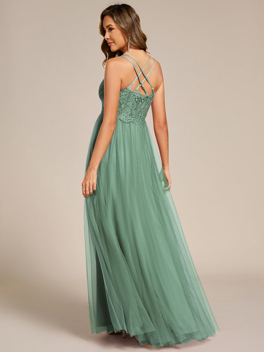 robe longue sans manches à décolleté en V profond avec plissé et finition en dentelle à frange Robe de demoiselle d'honneur #Couleur_Haricot Vert