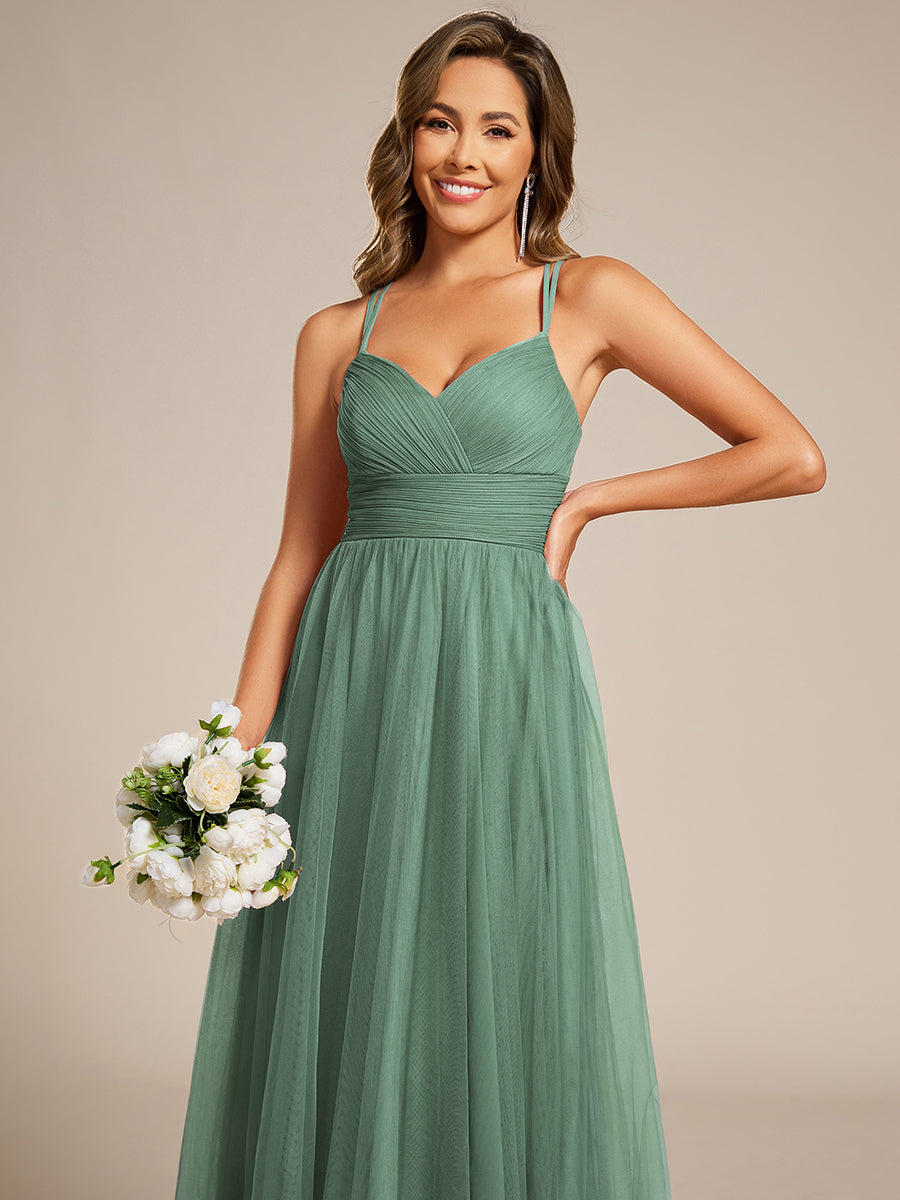 Robe de demoiselle d'honneur en tulle plissée sans manches à col en V et bretelles croisées au dos en dentelle #Couleur_Haricot Vert