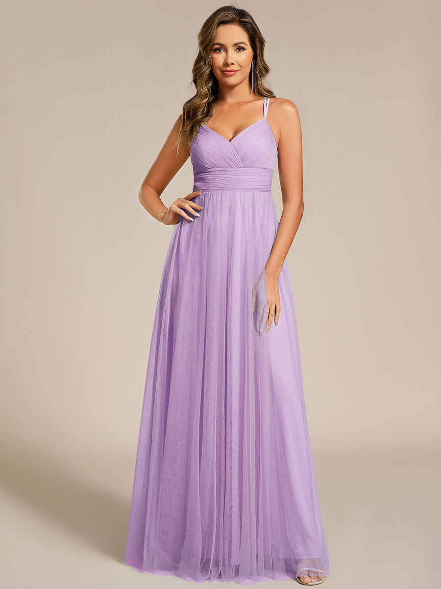 robe longue sans manches à décolleté en V profond avec plissé et finition en dentelle à frange Robe de demoiselle d'honneur #Couleur_Lavande