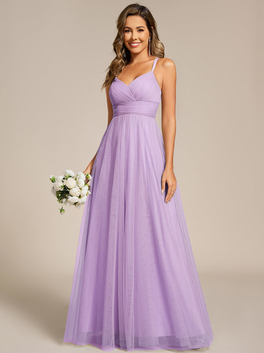 robe longue sans manches à décolleté en V profond avec plissé et finition en dentelle à frange Robe de demoiselle d'honneur #Couleur_Lavande