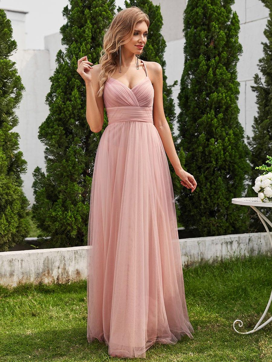 Robe de demoiselle d'honneur en tulle plissée sans manches à col en V et bretelles croisées au dos en dentelle #Couleur_Rose
