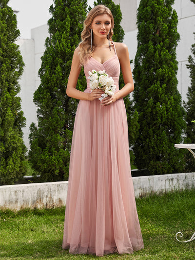 Robe longue sans manches à décolleté en V profond avec plissé et finition en dentelle à frange Robe de demoiselle d'honneur