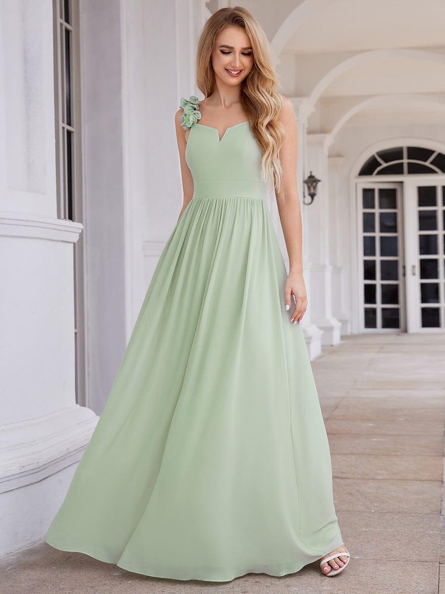 Robe de demoiselle d'honneur élégante en mousseline de soie col en V bretelles florales taille empire #Couleur_Menthe Verte