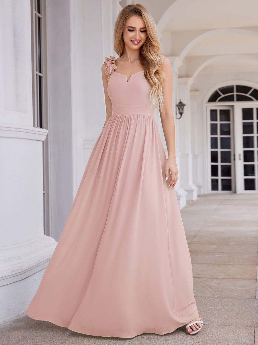 Robe de demoiselle d'honneur élégante en mousseline de soie col en V bretelles florales taille empire #Couleur_Rose