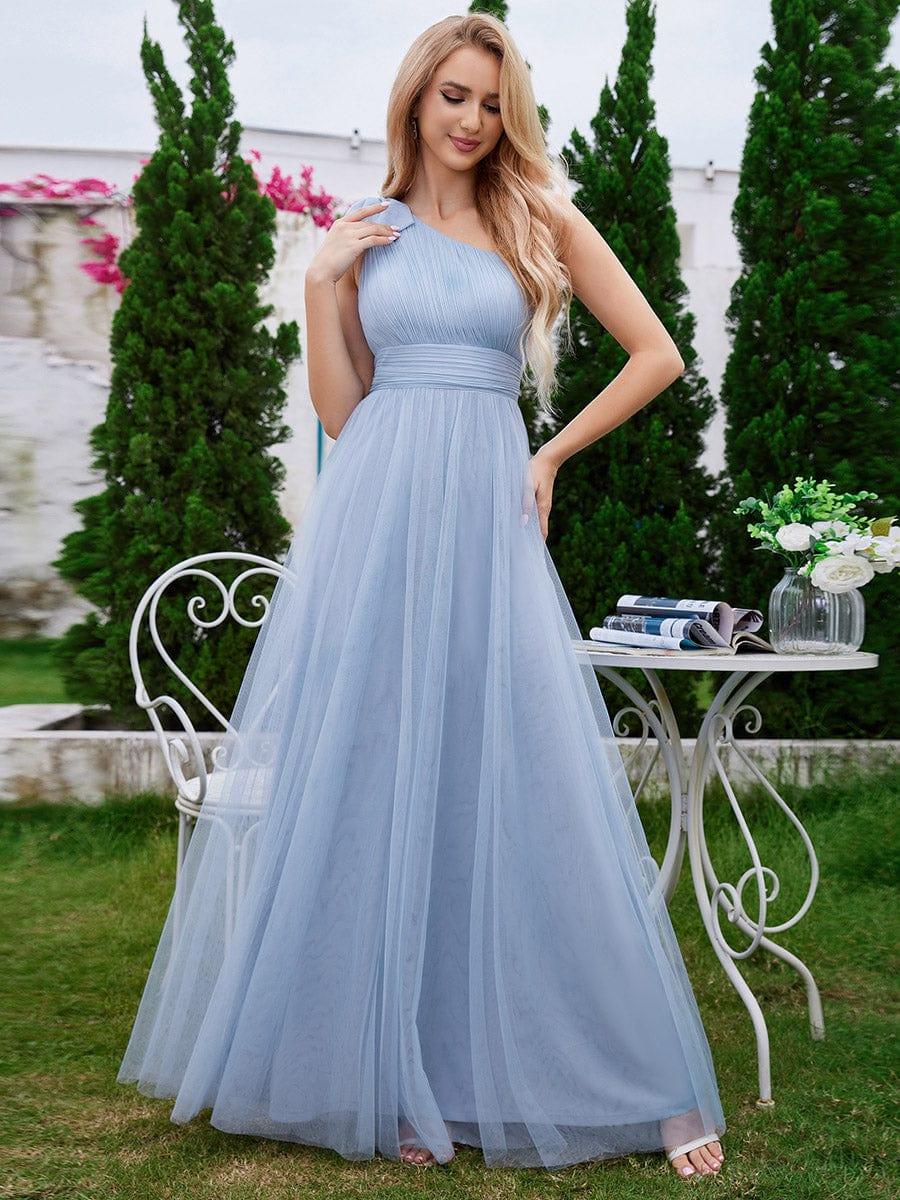 Robe de demoiselle d'honneur trapèze en tulle romantique avec une épaule et un nœud papillon #Couleur_Bleu Clair