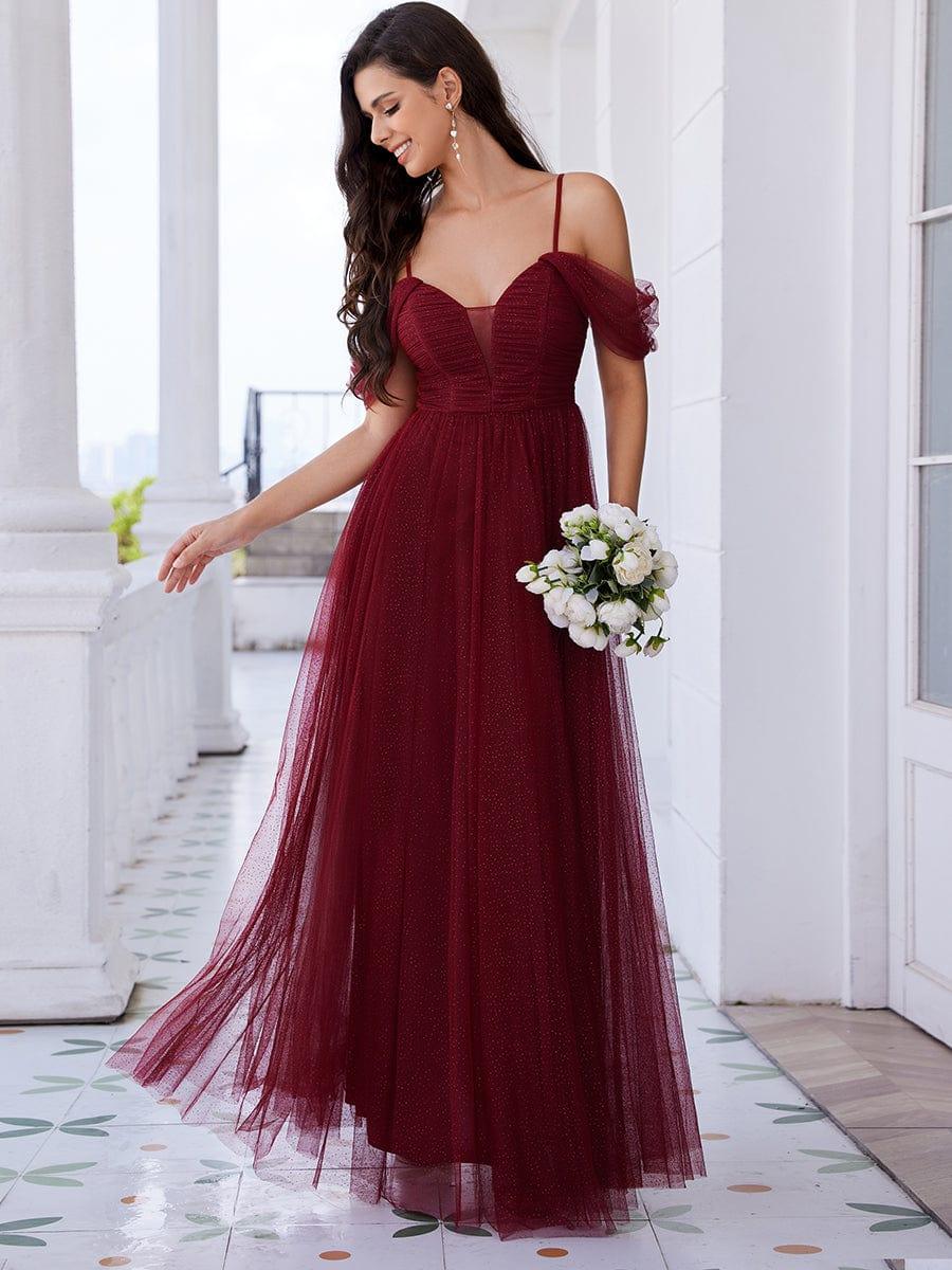 Robe de demoiselle d'honneur trapèze en tulle dos nu avec bretelles spaghetti #Couleur_Bordeaux