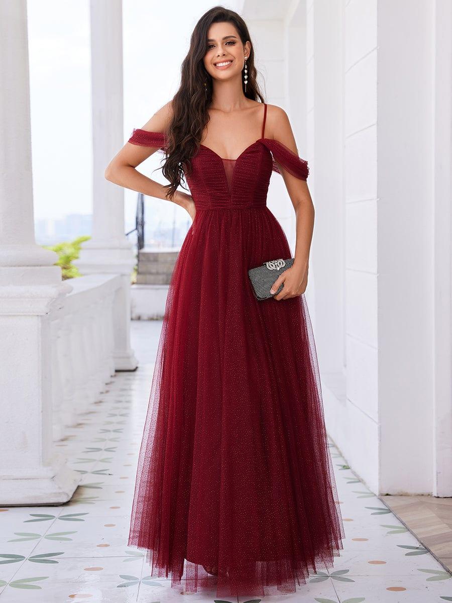 Robe de demoiselle d'honneur trapèze en tulle dos nu avec bretelles spaghetti #Couleur_Bordeaux