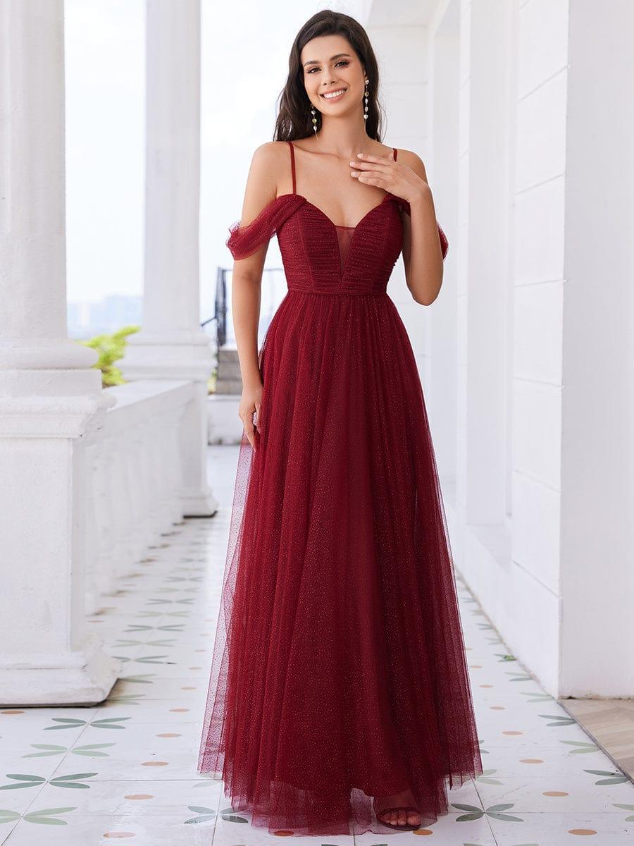 Robe de demoiselle d'honneur trapèze en tulle dos nu avec bretelles spaghetti #Couleur_Bordeaux