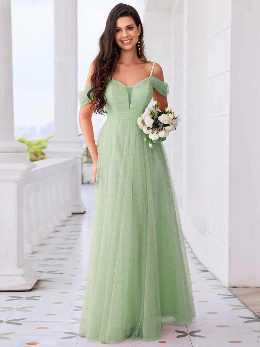 Robe de demoiselle d'honneur trapèze en tulle dos nu avec bretelles spaghetti #Couleur_Menthe Verte