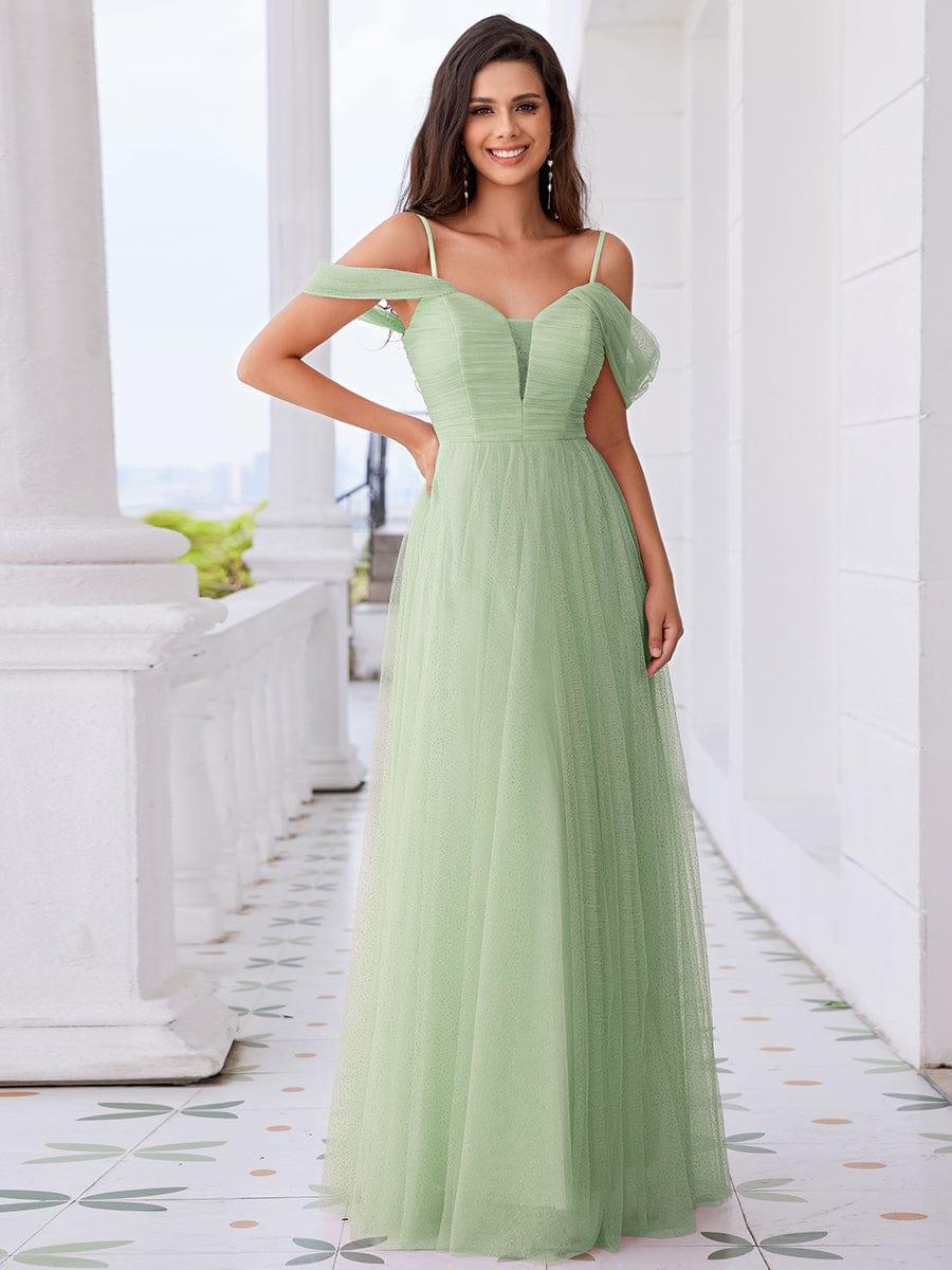 Robe de demoiselle d'honneur trapèze en tulle dos nu avec bretelles spaghetti #Couleur_Menthe Verte