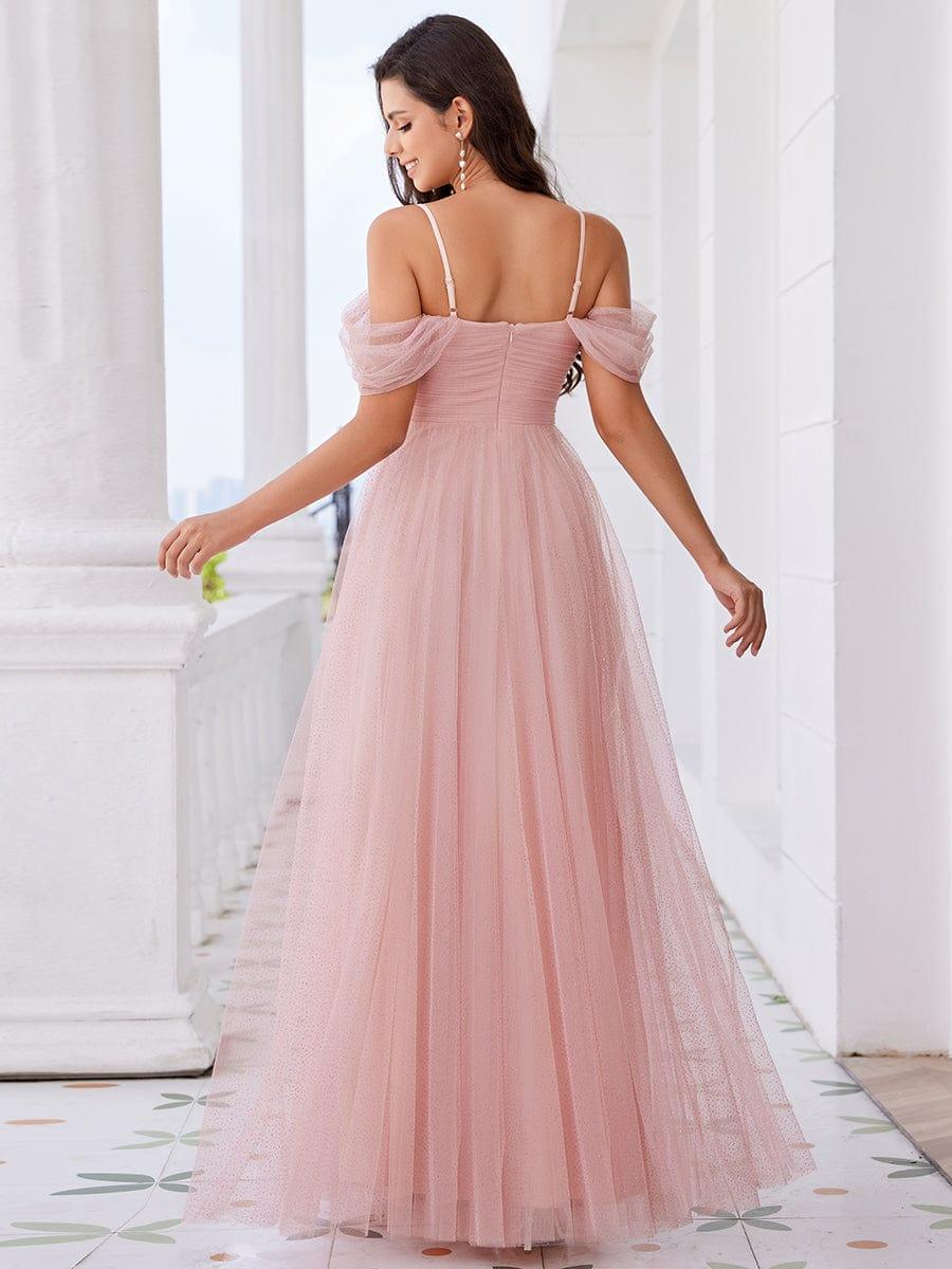 Robe de demoiselle d'honneur trapèze en tulle dos nu avec bretelles spaghetti #Couleur_Rose