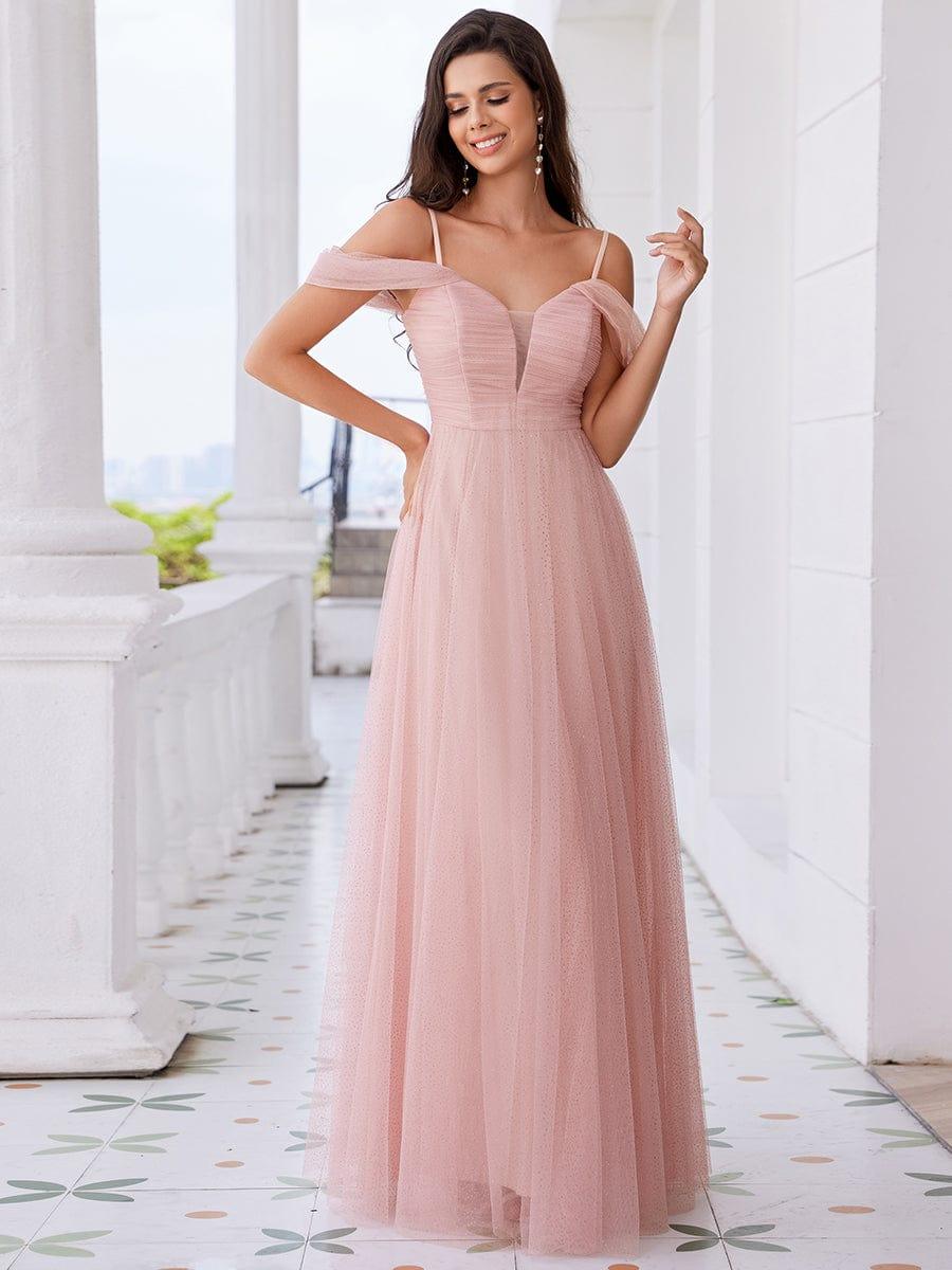 Robe de demoiselle d'honneur trapèze en tulle dos nu avec bretelles spaghetti #Couleur_Rose
