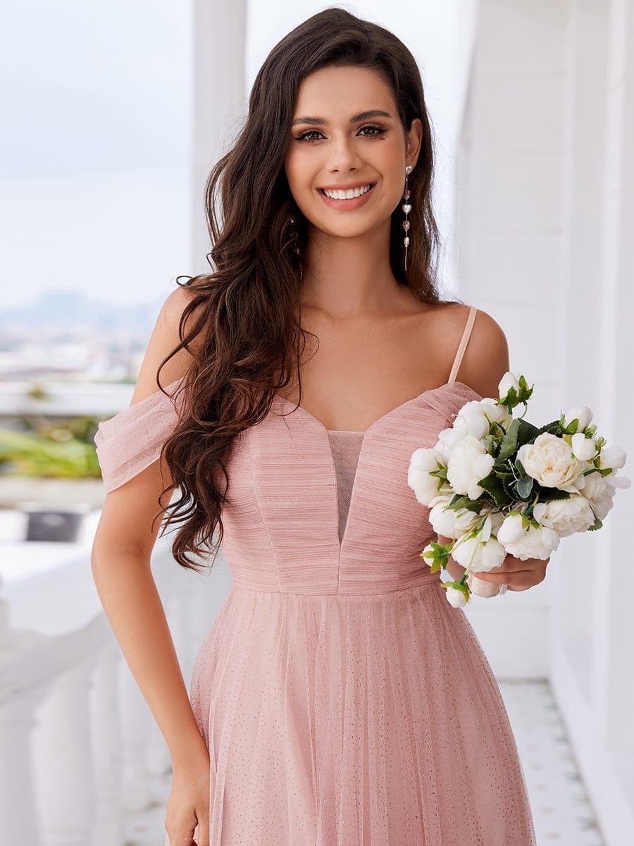 Robe de demoiselle d'honneur trapèze en tulle dos nu avec bretelles spaghetti #Couleur_Rose