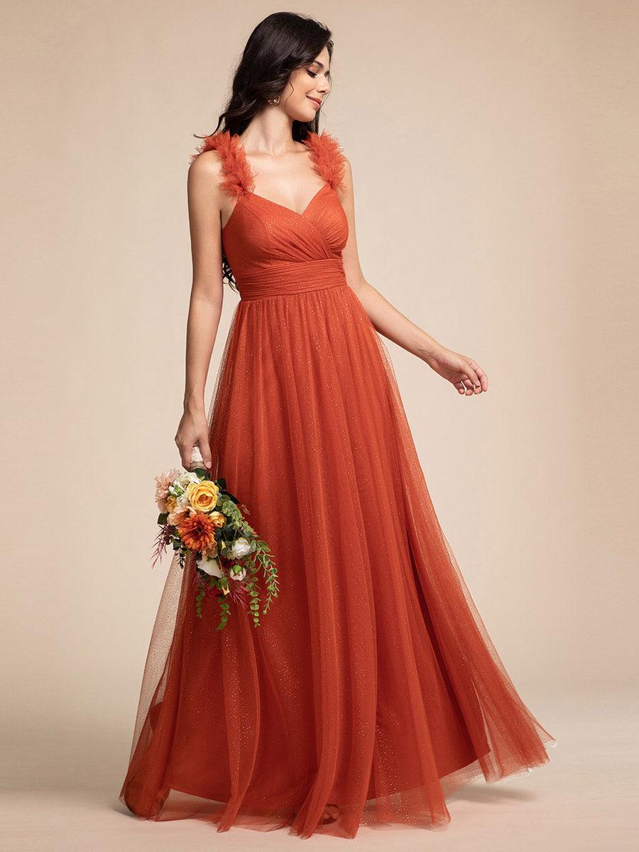 Robe longue de demoiselle d'honneur plissée sans manches à paillettes #Couleur_Orange Brûlée